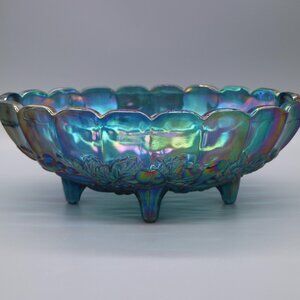Indiana Harvest Grape Fruit Bowl Footed Blue Carnival Glass Embossed Fruit